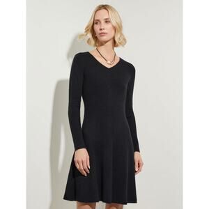 Misook Cashmere 100% Cashmere Black Ribbed Fit & Flare Long Sleeve Sweater Dress